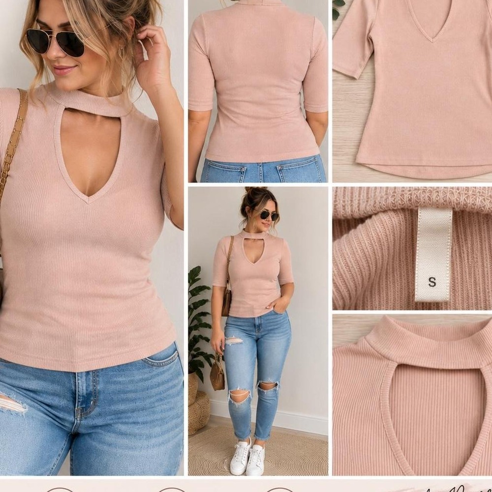 Women's Small Blush Pink Ribbed Choker Cutout Top